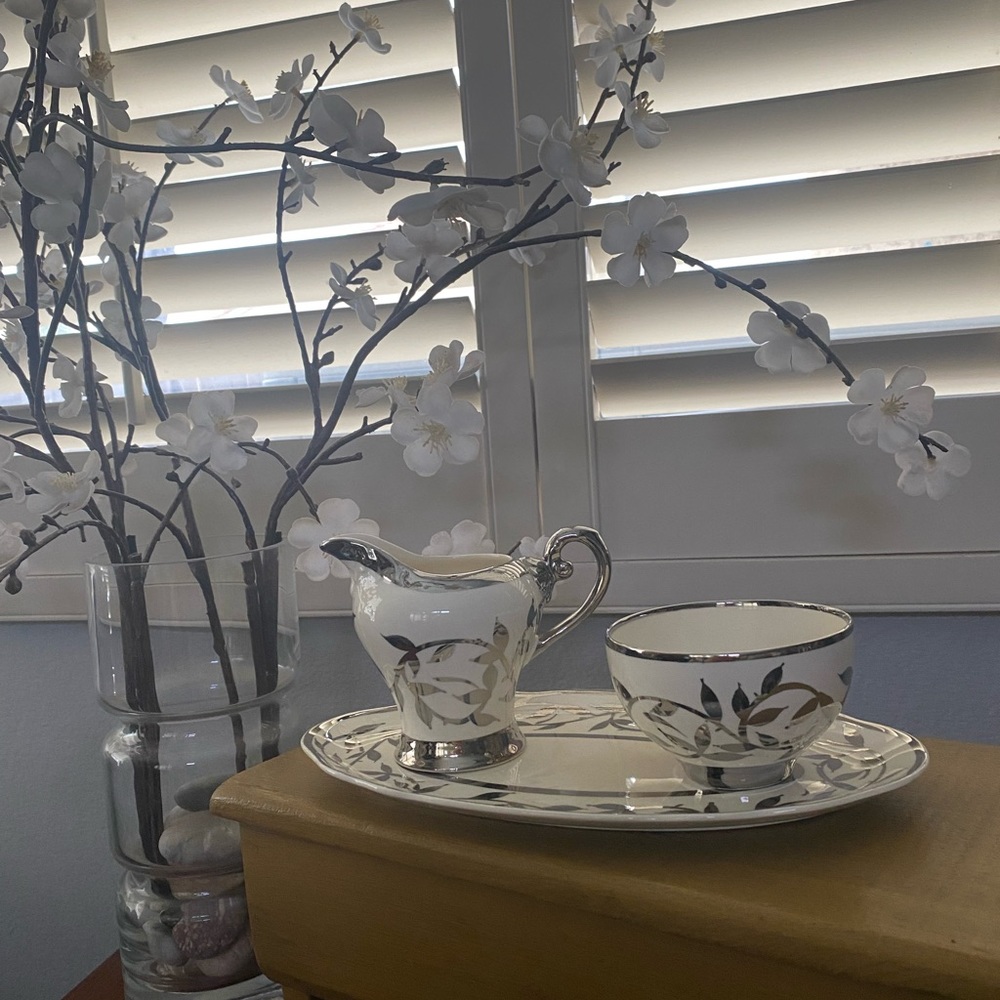 Myott, Sons and Co. Old Silver Lustre Cream and Sugar Bowl with Tray